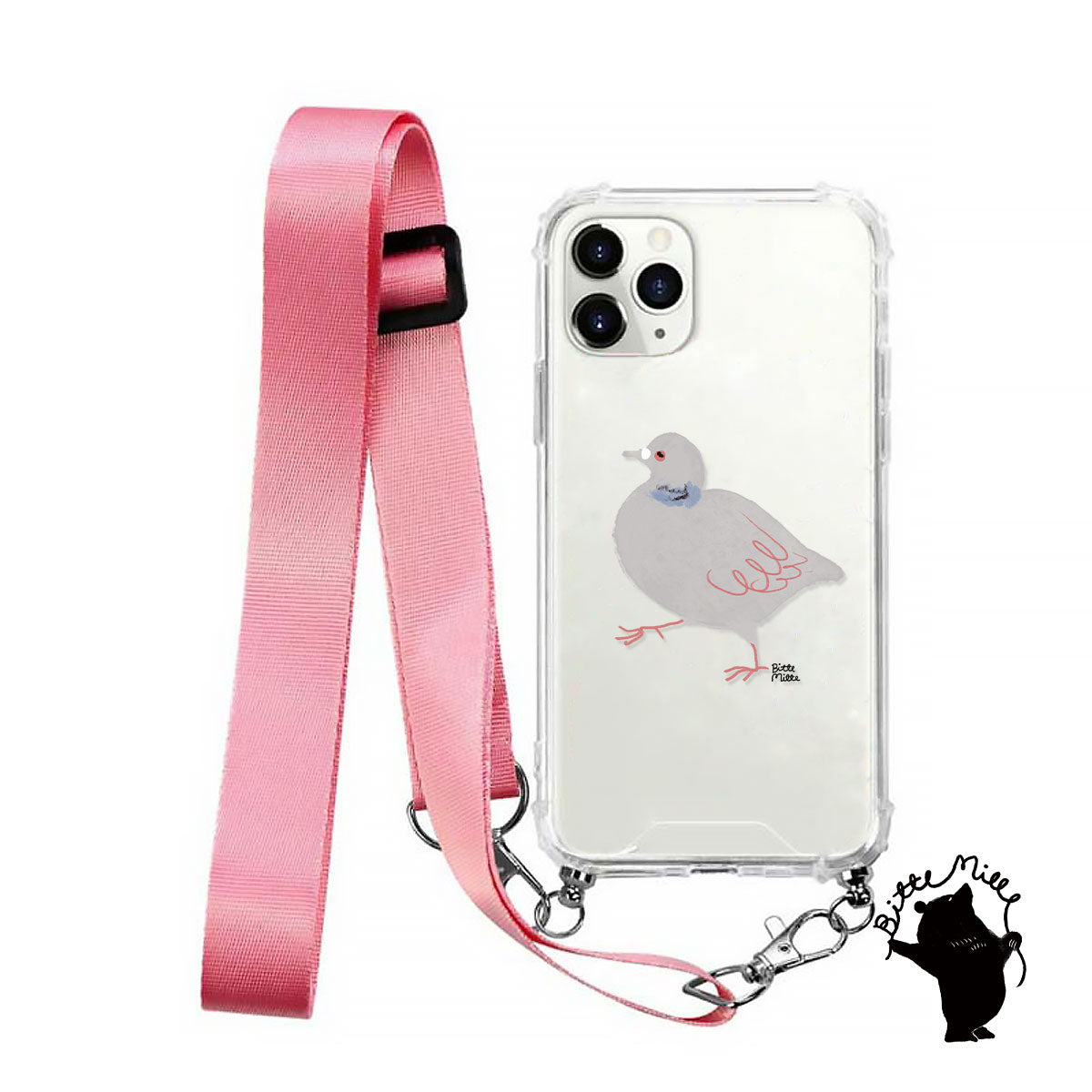 【手ぶら派に】ネックストラップ スマホケース  iPhone13 iPone12 かわいい おしゃれ  ネックストラップ付き 鳥 ハト 鳩 名入れ