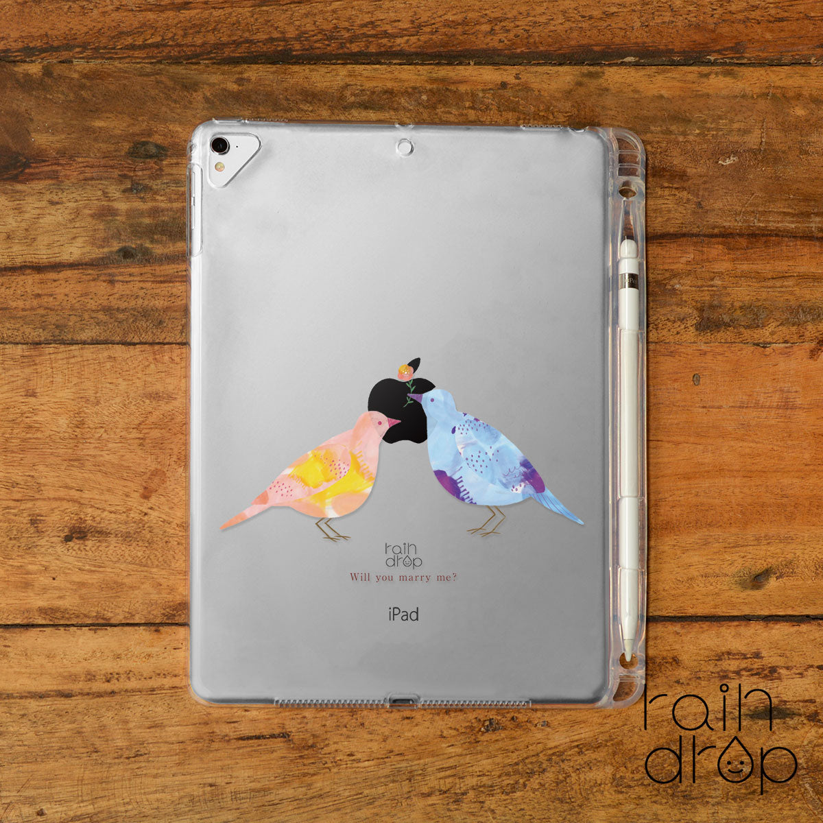 iPad クリアケース ペン収納 カバー おしゃれ かわいい 鳥 花