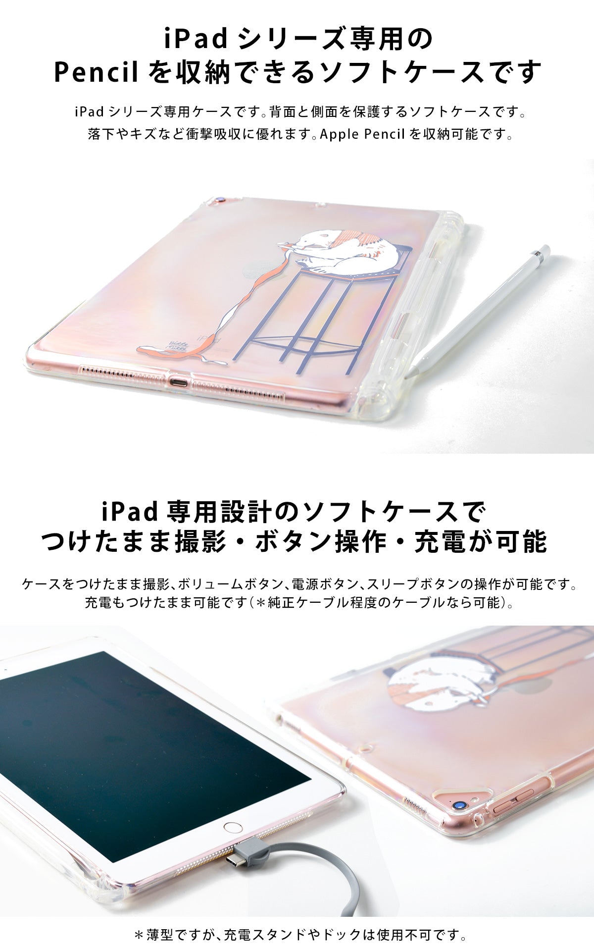 iPad、iPad mini、iPad pro、iPad Air対応のクリアケース。アップルペンシルを収納可能。