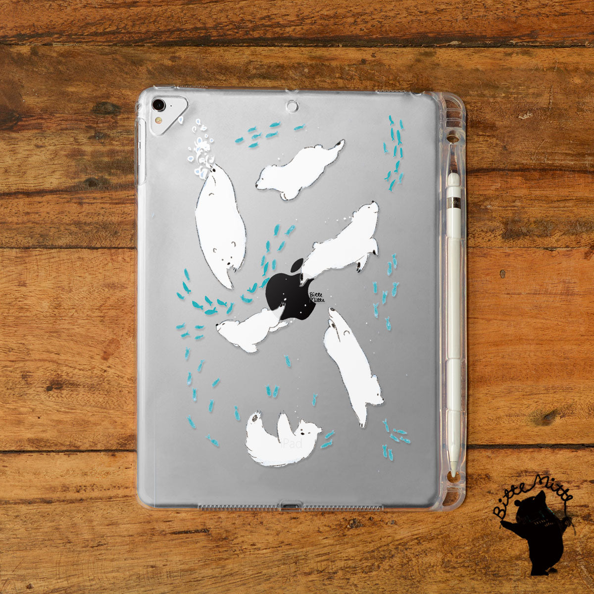 iPad クリアケース ペン収納 カバー おしゃれ かわいい 夏 シロクマ 名入れ
