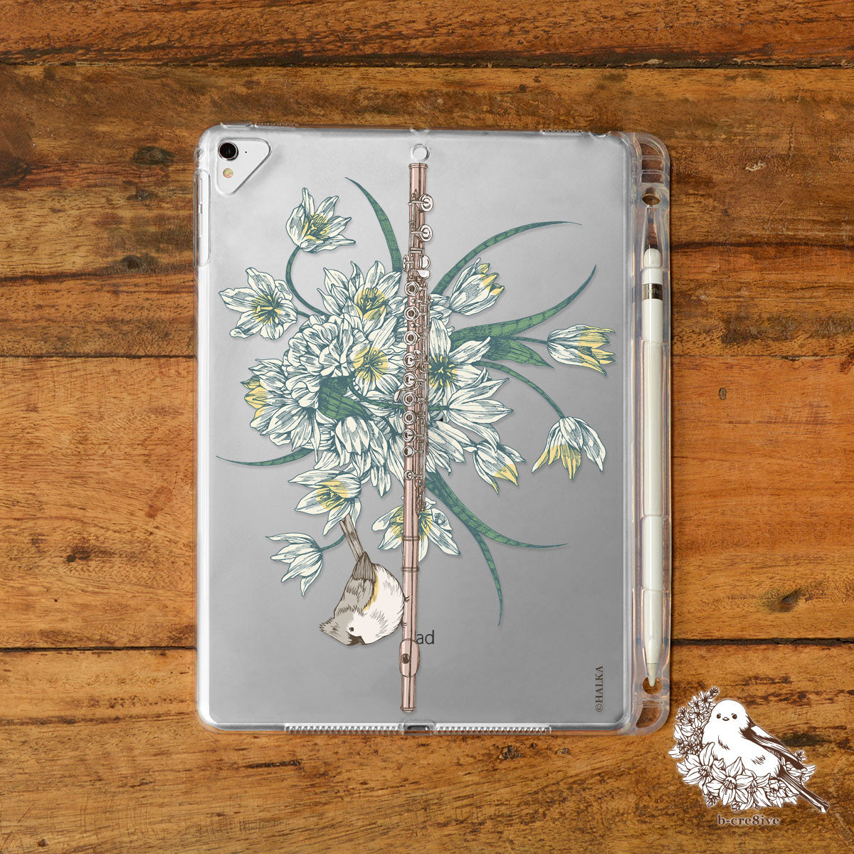 iPad クリアケース ペン収納 カバー おしゃれ かわいい 楽器 花 鳥